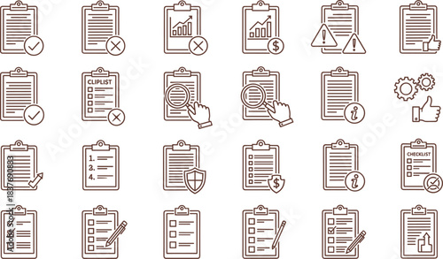 Collection of checklist icons and symbols representing tasks, approvals, and analysis on clipboards