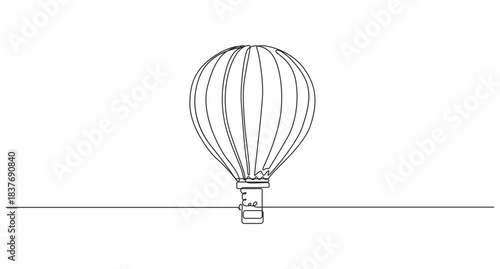 Vintage illustration of a hot air balloon drifting across a simple landscape,hot air balloon continuous one line art drawing,