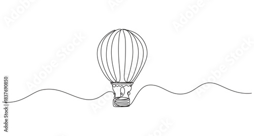 Vintage illustration of a hot air balloon drifting across a simple landscape,hot air balloon continuous one line art drawing,