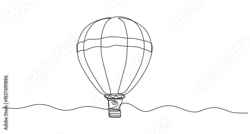 Vintage illustration of a hot air balloon drifting across a simple landscape,hot air balloon continuous one line art drawing,