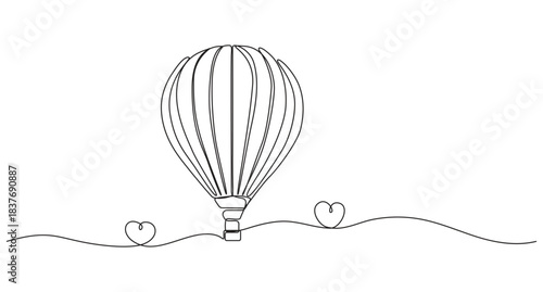 Vintage illustration of a hot air balloon drifting across a simple landscape,hot air balloon continuous one line art drawing,