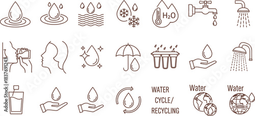 Water Symbol Collection: A comprehensive set of icons and illustrations detailing every aspect of water, from its various states to its uses and importance.