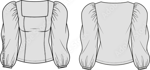 Blouse fashion sketch, square neckline long sleeve top technical illustration, princess seam fittedBlouse fashion sketch, square neckline long sleeve top technical illustration, princess seam fitted