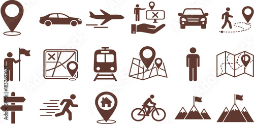 Navigational icons set: A meticulously crafted collection of directional symbols, artfully arranged to guide and orient, representing various modes of transportation and wayfinding.