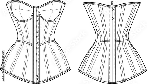 Corset fashion sketch, front and back view technical illustration, structured boning, bust shaping,Corset fashion sketch, front and back view technical illustration, structured boning, bust shaping,