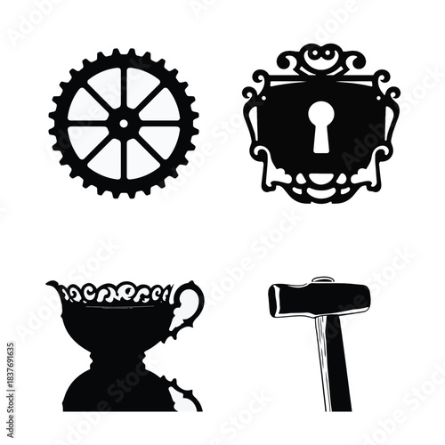 Gear, Keyhole Frame, Ornate Cup, and Hammer Silhouettes cogwheel sprocket