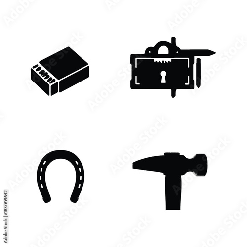 Matchbox, Lock Mechanism, Horseshoe and Hammer Silhouettes Keywords: matchbox, matches, fire, ignition, lock