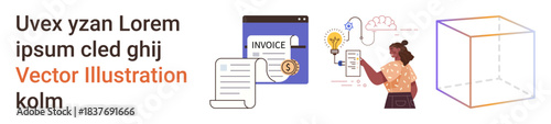 Finance, business tasks, creative thinking, abstract art, data visualization, digital innovation. Invoice layout, person with ideas 3D geometric cube. Finance and creative thinking