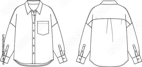 Button-up shirt fashion sketch, front and back view technical illustration, long sleeve classic collarButton