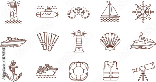 Nautical Icons: A collection of meticulously crafted line icons embodies the spirit of nautical exploration and maritime adventure. These icons capture essential elements of the sea.