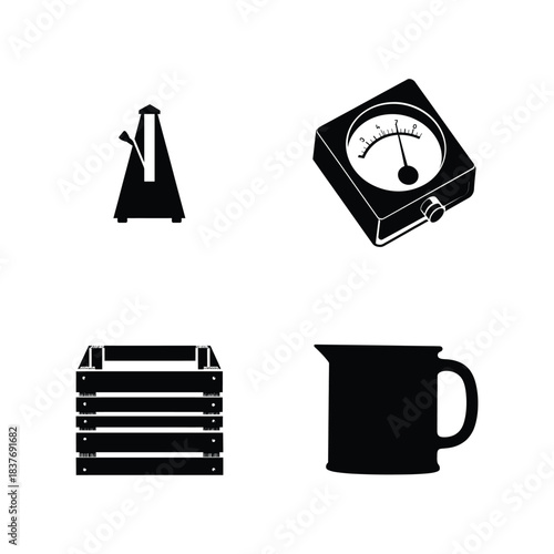 Metronome, Gauge, Crate and Pitcher Silhouettes Keywords: metronome, music, tempo, beat, pendulum, gauge, meter