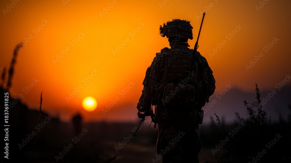 Obraz premium Warrior's Sunset Silhouette: A lone warrior, silhouetted against a fiery sunset, embodies resilience and dedication, against the backdrop of a distant mountain range.