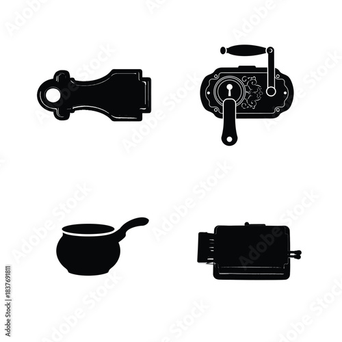 Set of Four Black Silhouettes of Vintage and Kitchen Objects hitch trailer hitch