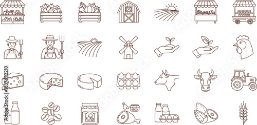 Clean vector line icons representing farm and agriculture. Covers food production, market stalls, farmers, fresh produce, dairy, meat, and essential rural industry elements