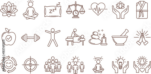 Collection of wellness icons representing health, relaxation, and mindfulness for holistic self-care and personal development