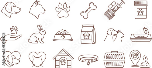 Modern Line Art Vector Icon Set for Pet Care, Veterinary Medicine, and Animal Welfare, Featuring Essential Elements for Beloved Companion Animals and Domestic Pets