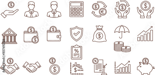 Modern outline icons representing key financial and business concepts, ideal for illustrating economic growth, secure banking, smart investments, and comprehensive money management