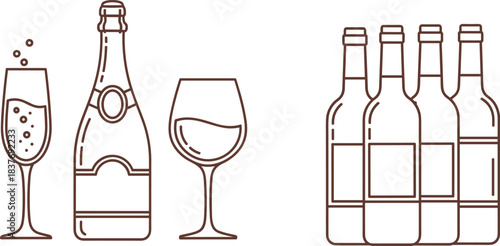 Collection of elegant line art icons representing wine and champagne bottles and glasses, perfect for celebration and beverage themes