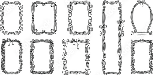 Elegant collection of hand-drawn decorative frames with intricate ribbon and bow details, perfect for adding a charming, vintage-inspired touch to invitations, cards, and design projects