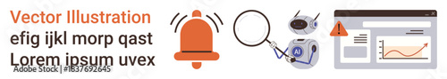 Alerts, technology innovation, data analysis, security systems, website monitoring, automation. Alarm bell, magnifying glass robot graph on webpage. Alerts and technology innovation concepts