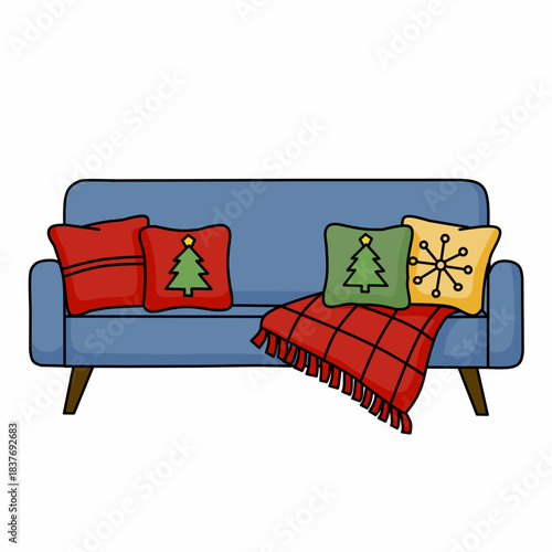 vector illustration of a sofa with a holly embroidered pillow on a sofa with a red blanket