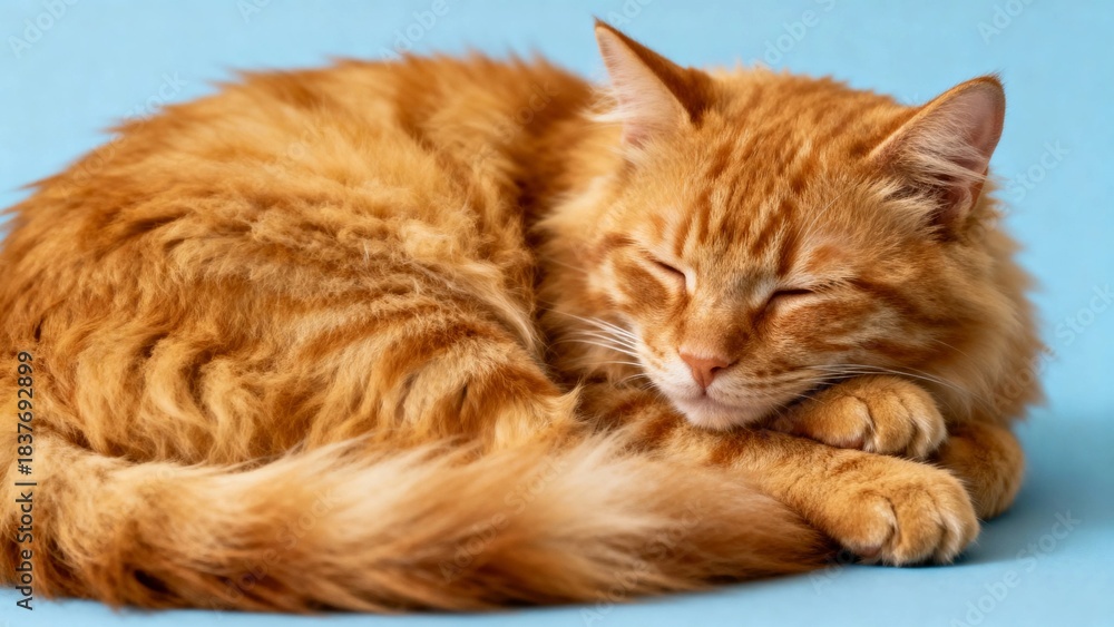 Fototapeta premium Orange tabby cat sleeping peacefully on a blue background