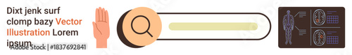 Search user interfaces, health diagnostics, online research, digital exploration, medical insights, user experience. Search bar with magnifying glass, hand gesture human body diagram. Search user