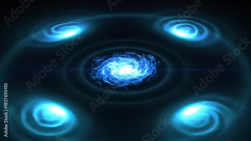 Vibrant blue galaxy with swirling energy vortexes in cosmic darkness, representing creation and power.