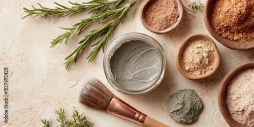 The Clay Mask and Natural Skincare Ingredients with Brush, Powders, and Rosemary