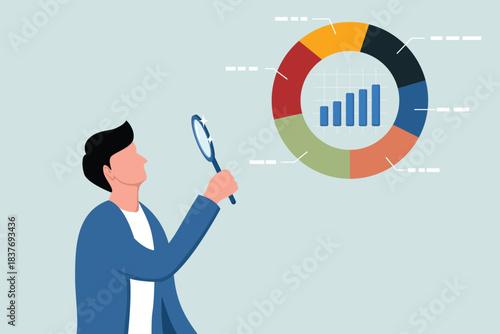 Profit sharing in business or investment, the concept of market distribution or competition, analysis of income and expenses, entrepreneurs with a magnifying glass analyzing economic data.