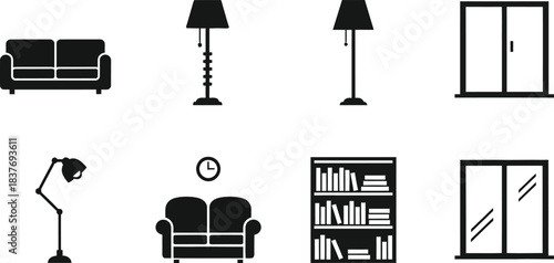 Furniture icons including sofa lamps clock and bookcase on transparent background silhouette