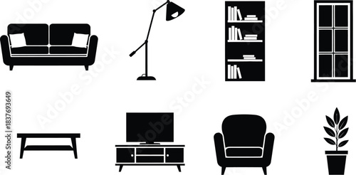 Black furniture icons including sofa chair table and tv on transparent background silhouette