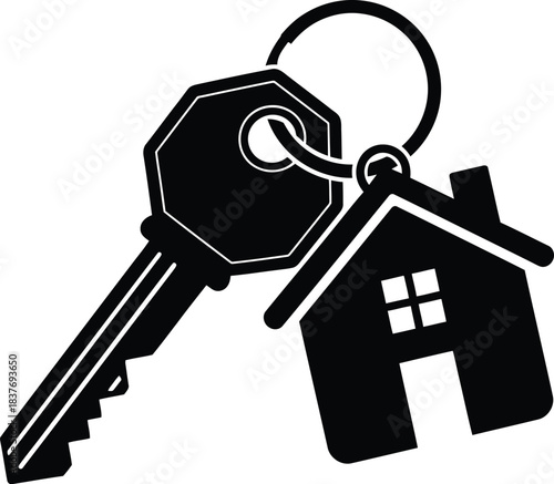Black house key with keyring a home symbol on transparent background silhouette