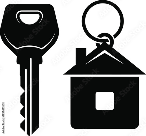 Black key and house icon graphic element on transparent background silhouette