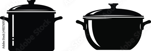 Two black cooking pots in silhouette on transparent background