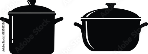 Two black cookware pots with lids a useful kitchen graphic on transparent background silhouette