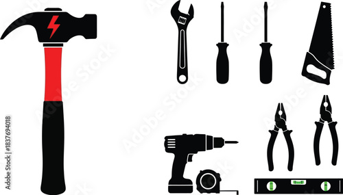 Black tool set with hammer drill and screwdrivers on transparent background silhouette