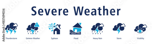 Severe Weather web banner icon vector illustration with icons of Thunderstorm, Extreme Weather, Typhoon, Flood, Heavy Rain, Storm, and Visibility.