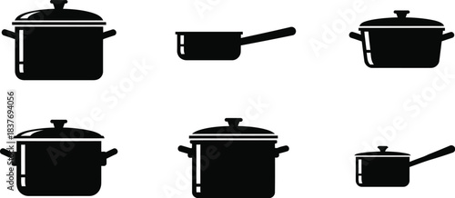 Black cookware collection with pots pans and lids on transparent background silhouette