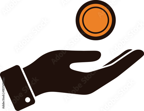 A hand receiving a falling coin simple design on transparent background silhouette