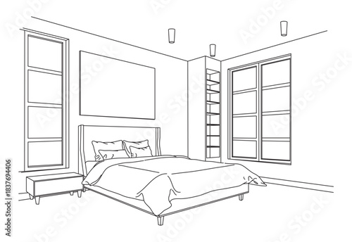 Drawing exterior and bedroom interior architectural lines, Hand drawn line of graphic assembly in architecture and interior design work, Vector illustration, interior of a room, bedroom in a modern