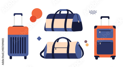 Set of travel luggage including two rolling suitcases and two duffel bags in a modern flat design style with abstract shapes.