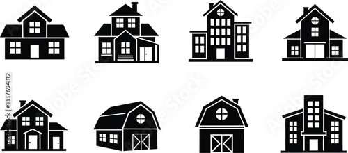 Variety of house silhouettes different architectural styles on transparent background