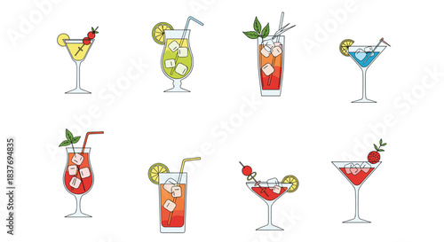 A collection of eight different colorful cocktails in various glasses with ice and garnishes in a clean line art style.