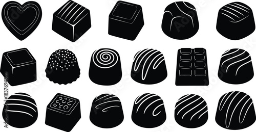 Assorted chocolate candies in black silhouette on transparent background