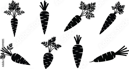 Black carrot illustrations in various poses on transparent background silhouette