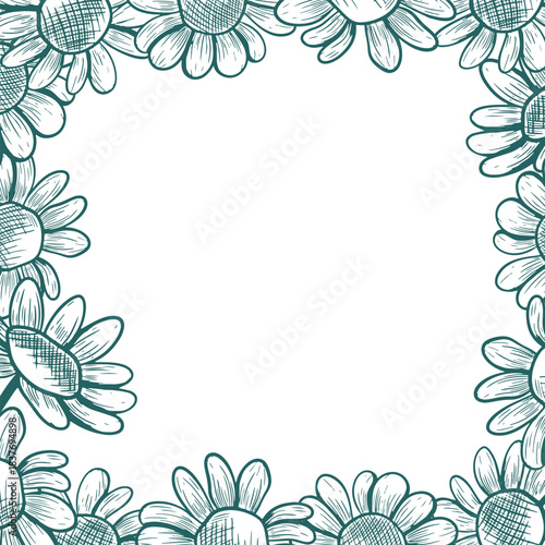 A square frame with chamomile flowers spilling over the edges. Linear vector border.