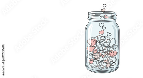 Hand-drawn glass mason jar is filled with cute pink and white hearts representing love and affection with copy space for a romantic message.