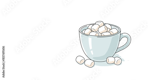 Simple hand-drawn illustration of a light blue mug overflowing with mini marshmallows for a cozy hot chocolate or dessert concept.