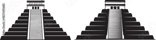 Two mayan pyramids silhouette against white background